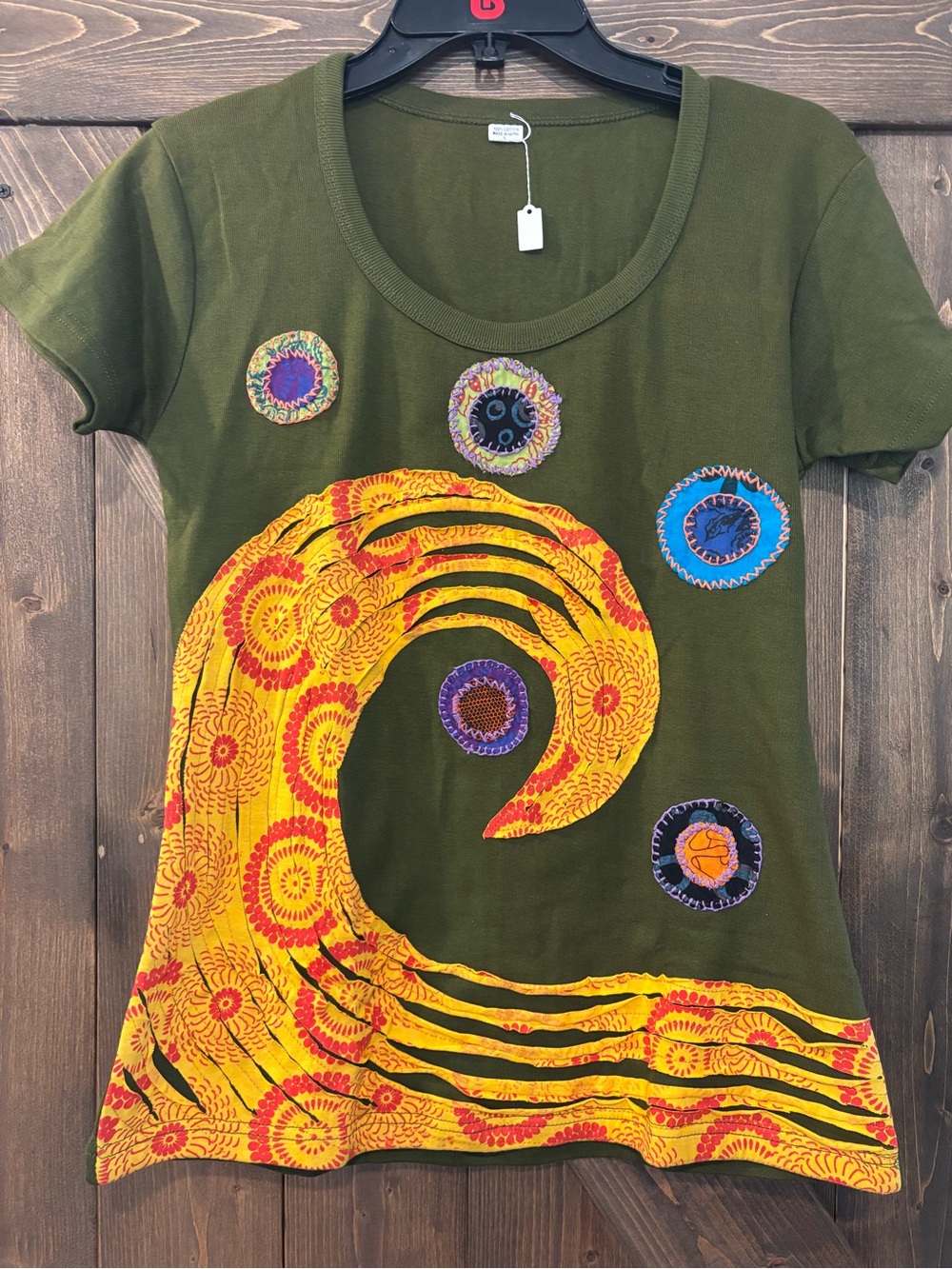 Handmade Nepal Olive Green Appliqué Boho T-Shirt Size L 100% Cotton